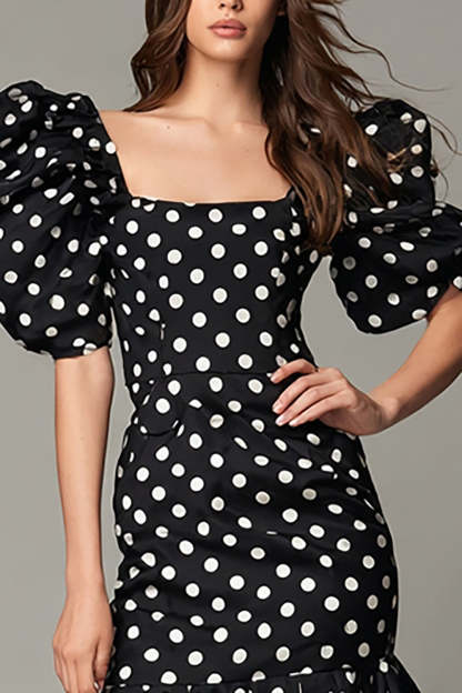 Black and White Satin Bodycon Square Neck Puff Sleeves Short Polka Dots Dress
