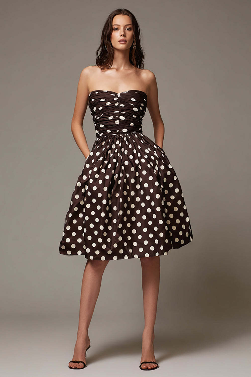 Leely Women Dark Brown Satin Polka Dots Dress Short A Line Strapless Ruched Party Dress