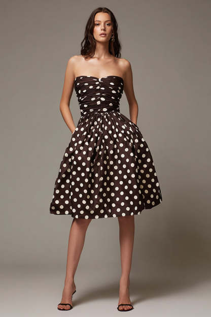 Leely Women Dark Brown Satin Polka Dots Dress Short A Line Strapless Ruched Party Dress