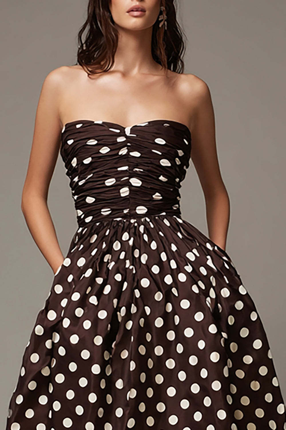 Dark Brown Strapless Satin A Line Short Polka Dots Dress