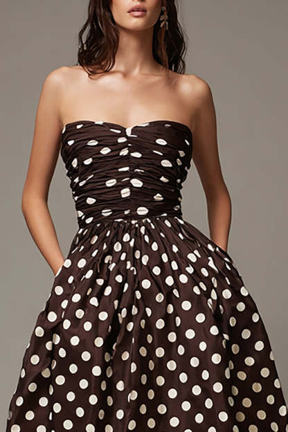 Dark Brown Strapless Satin A Line Short Polka Dots Dress