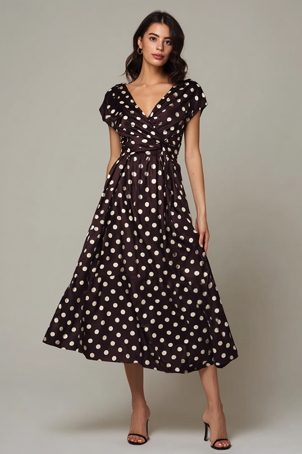 Dark Brown Satin A Line V-Neck Tea Length Polka Dots Dress