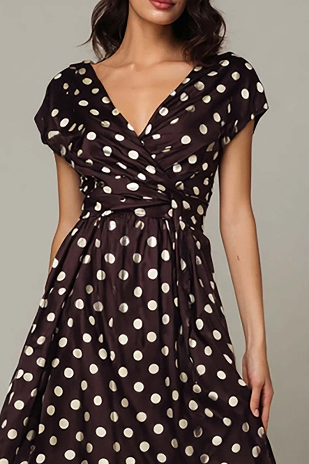 Dark Brown Satin A Line V-Neck Tea Length Polka Dots Dress
