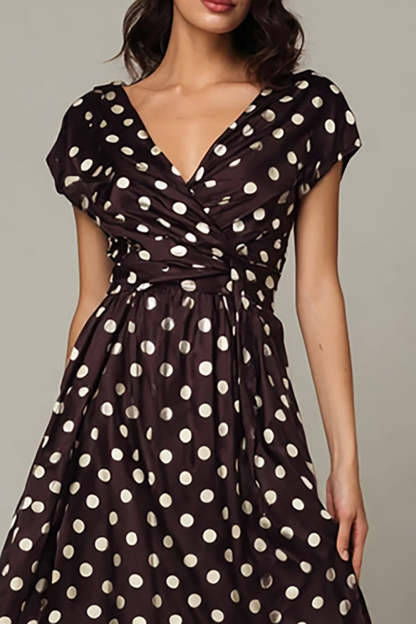 Dark Brown Satin A Line V-Neck Tea Length Polka Dots Dress