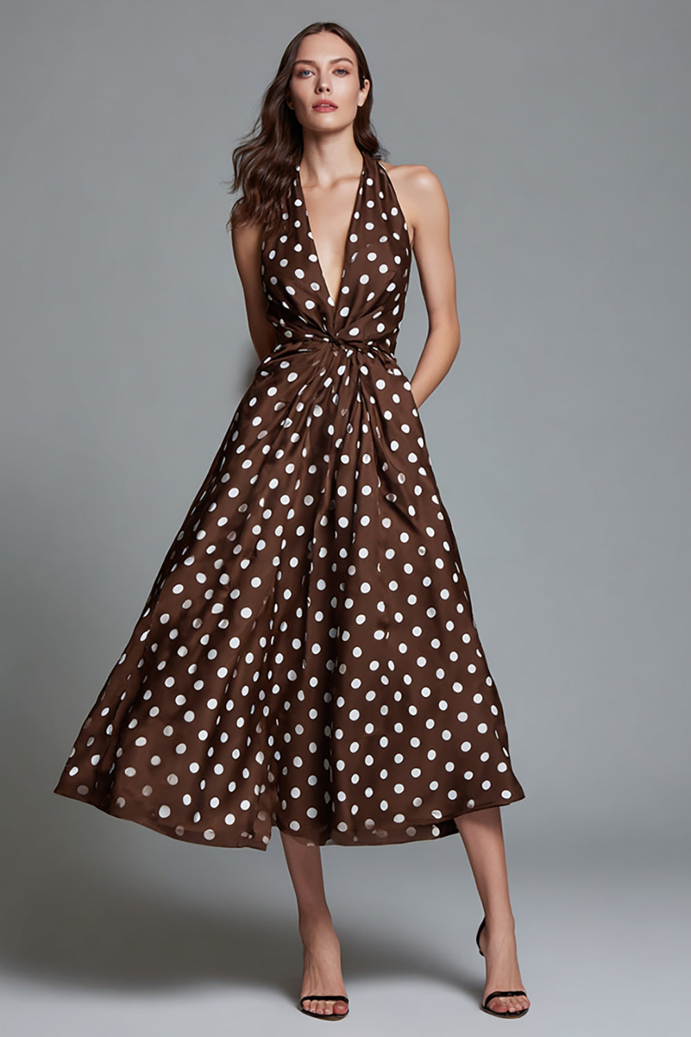Brown A Line Halter Midi Polka Dots Dress