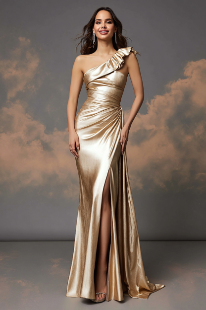 Leely Women Sparkly Golden One Shoulder Prom Slit Sheath Ruched Floor Length Gala Dress