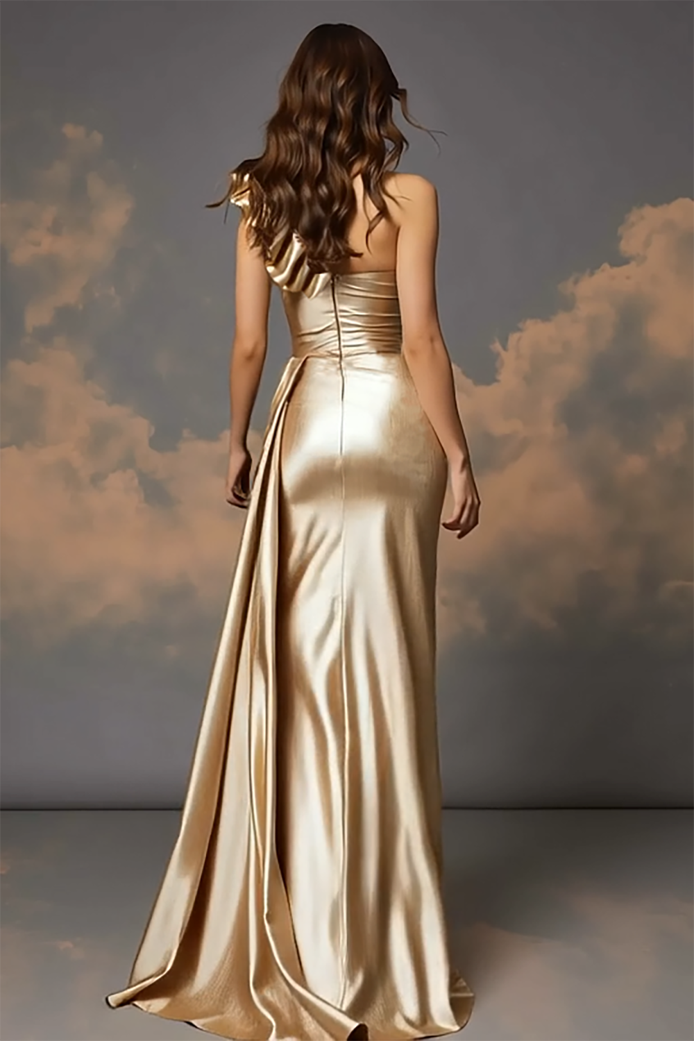 Sparkly Golden One Shoulder Ruched Sheath Prom Dress with Slit