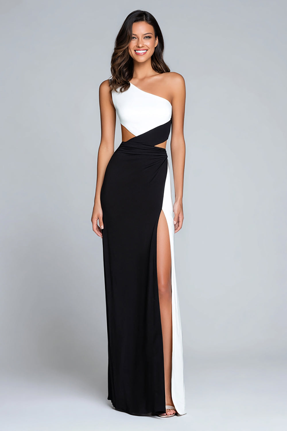 Black and White Satin Long One Shoulder Formal Dress with Slit