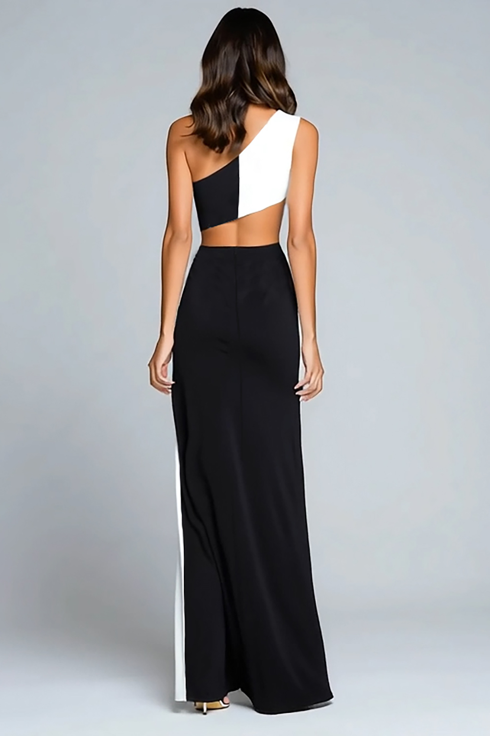 Black and White Satin Long One Shoulder Formal Dress with Slit