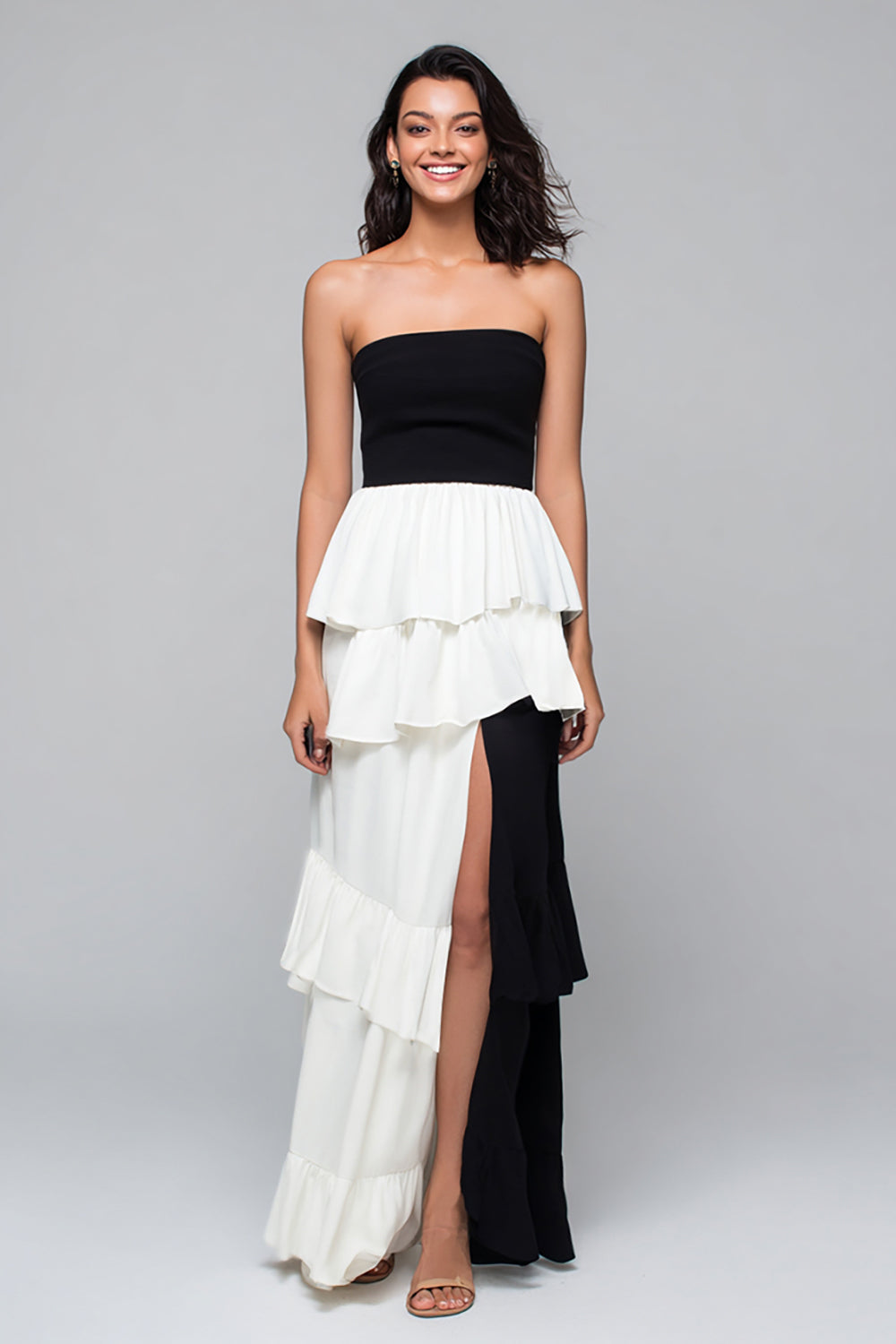 Black and White Tiered Strapless Long Formal Dress with Slit