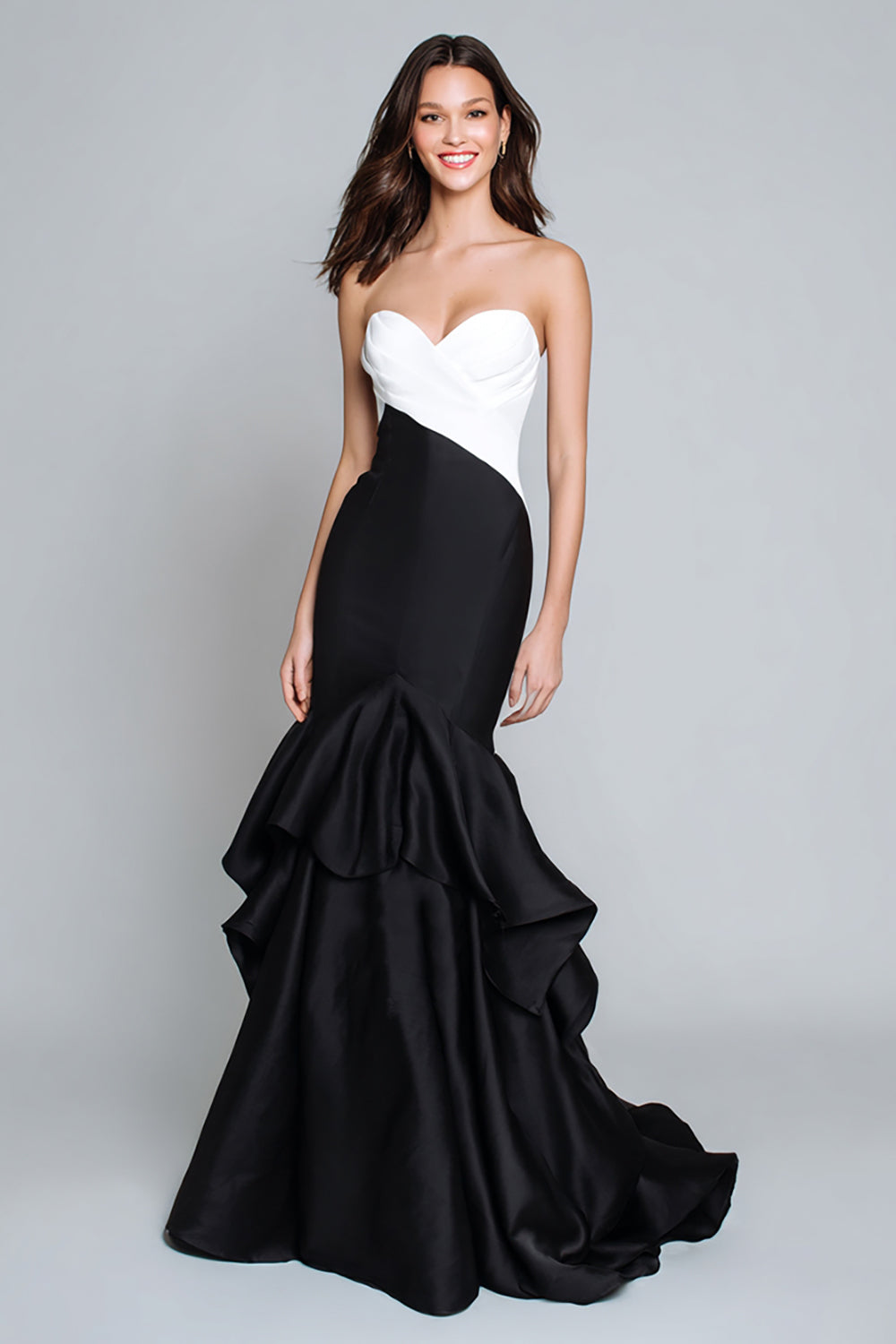Black and White Patchwork Mermaid Maxi Formal Dress with Ruffles
