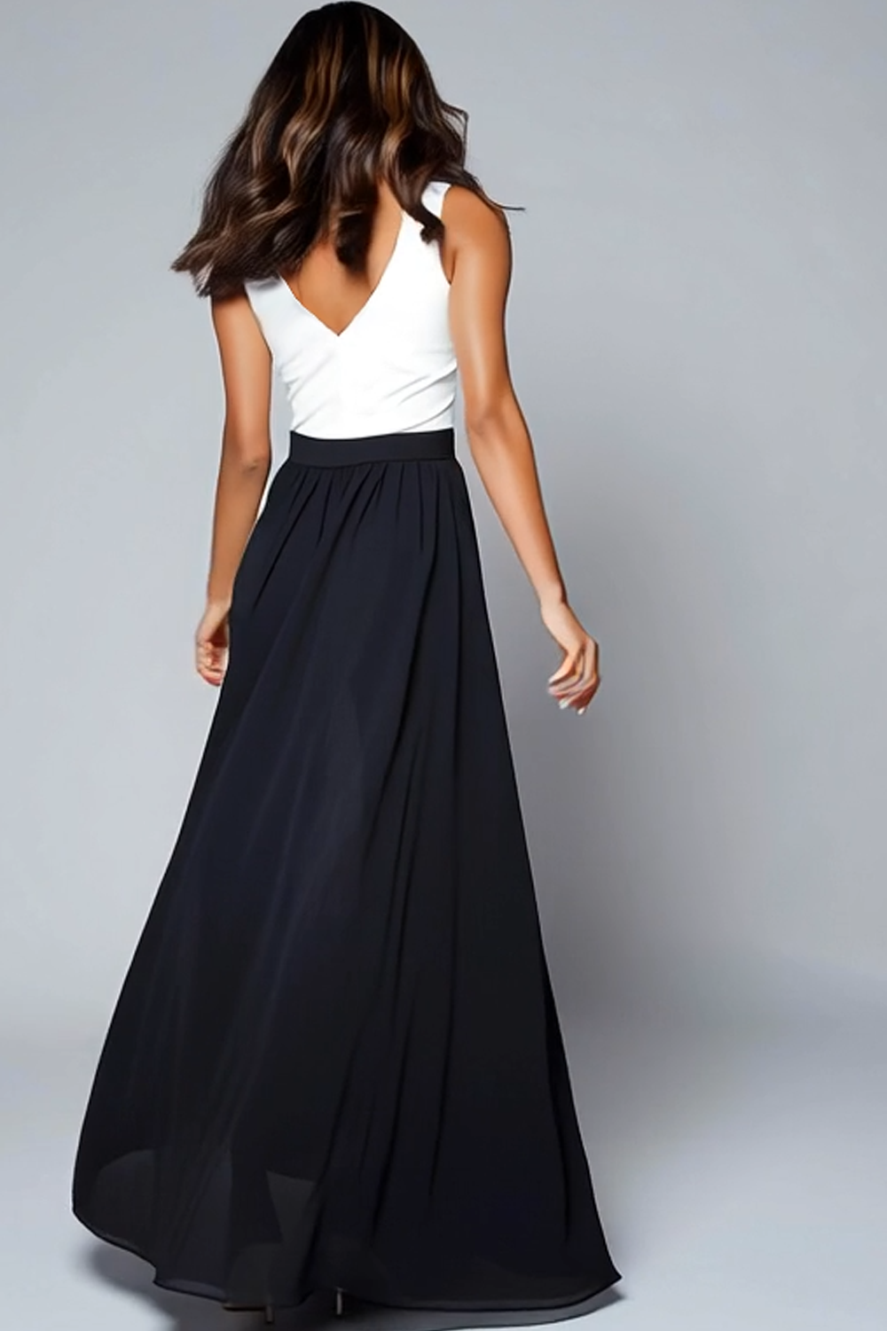 Black and White A Line Maxi V-Neck Formal Dress with Slit