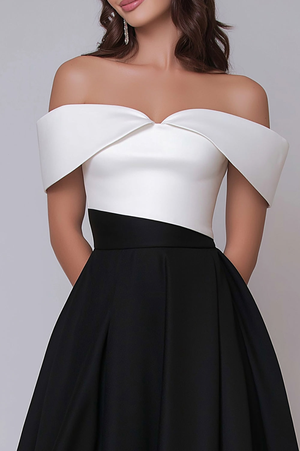 Black and White A Line Long Off the Shoulder Formal Dress