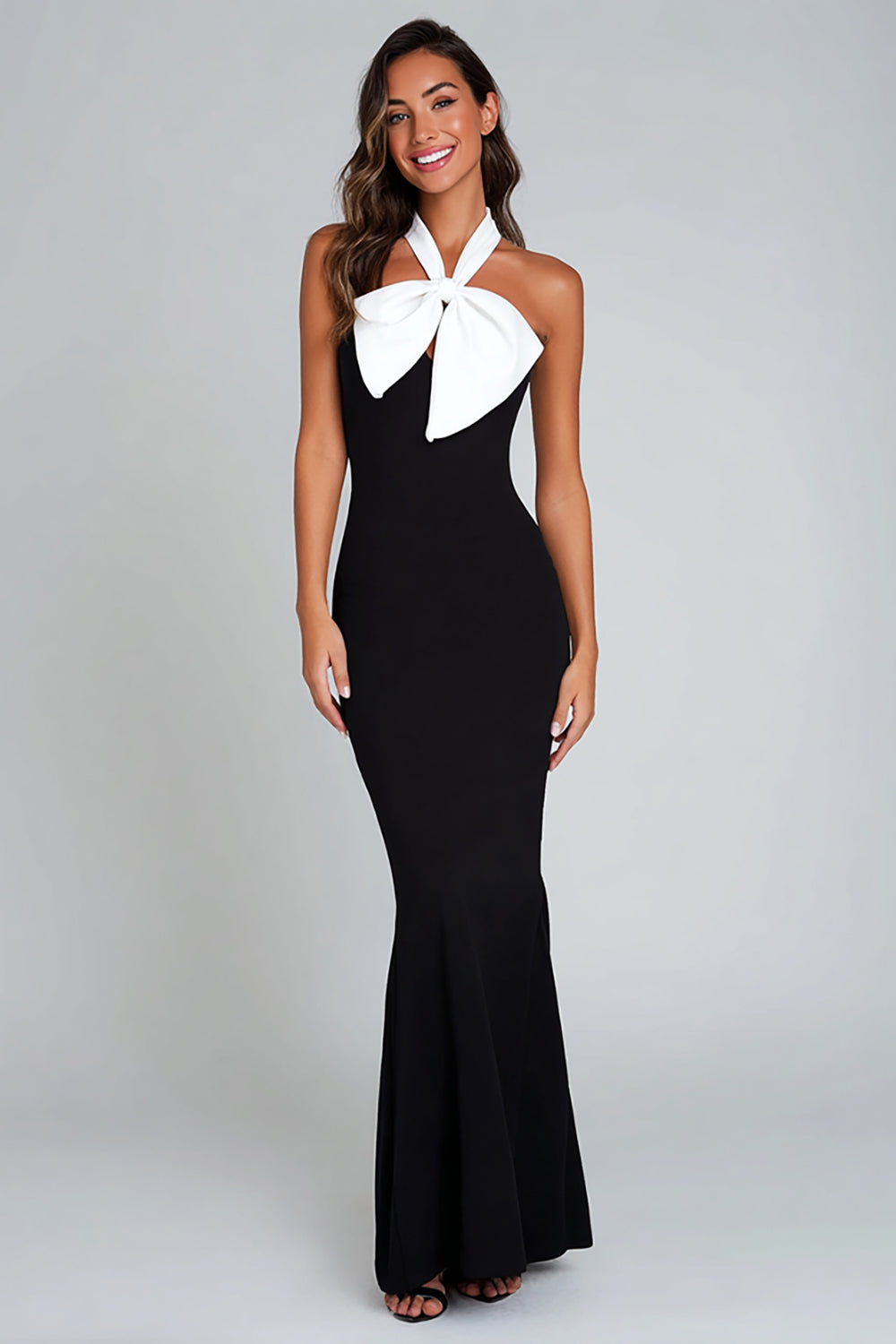 Black and White Mermaid Satin Maxi Formal Dress with Bow