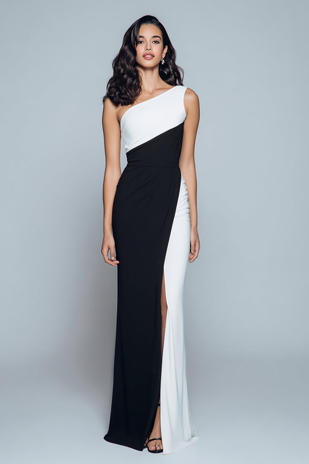 Black and White Patchwork Satin Long Formal Dress with Slit