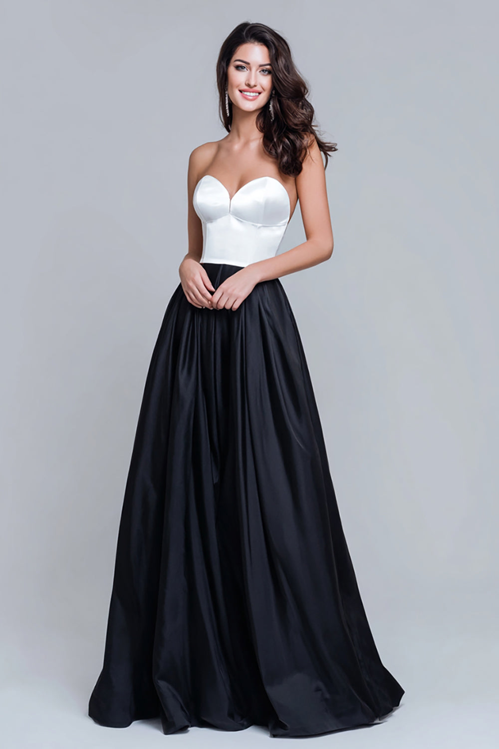 Black and White Satin Long Sweetheart Formal Dress