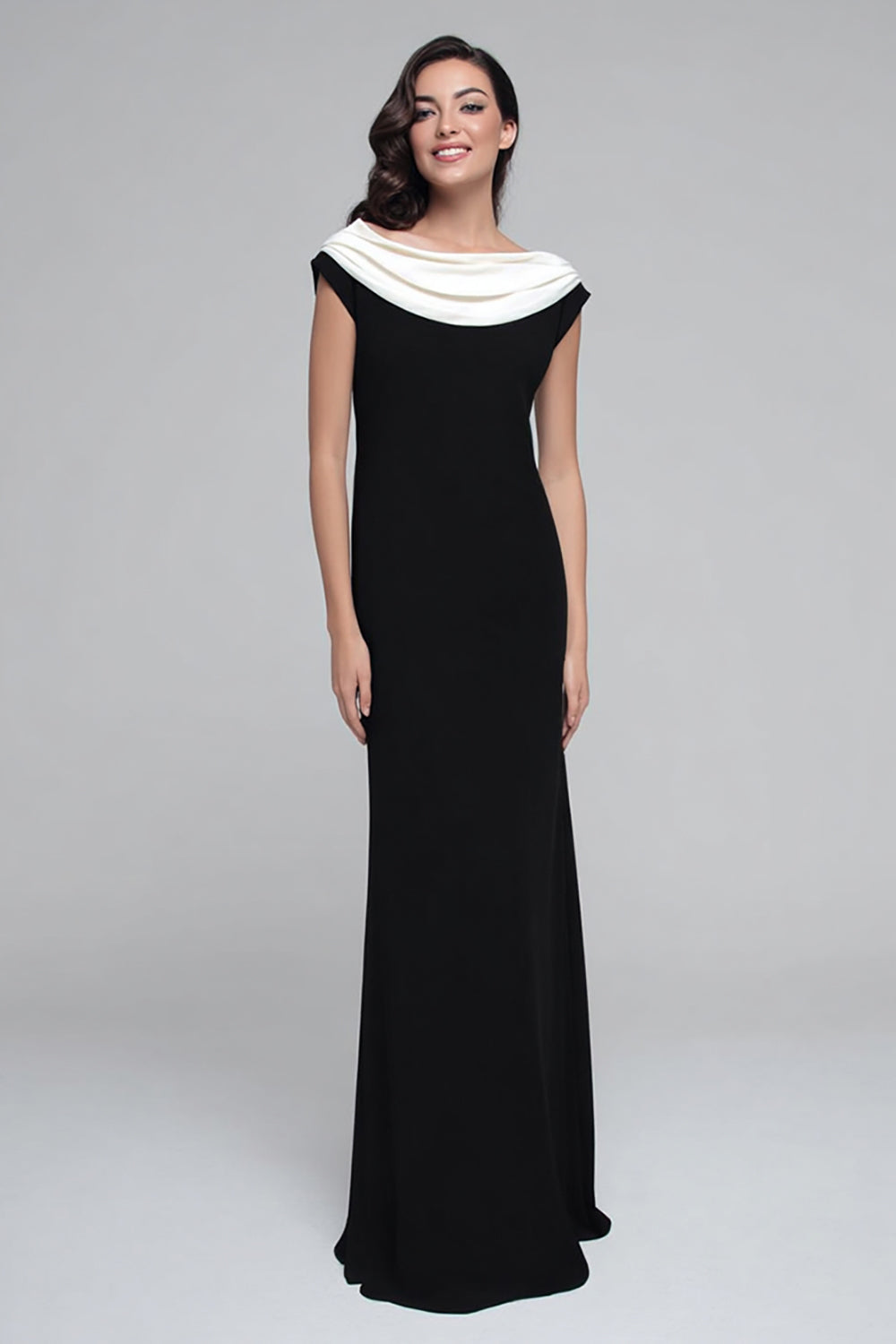 Black and White Boat Neck Sheath Satin Long Formal Dress