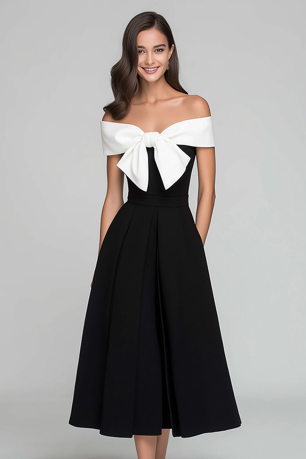 Black and White A Line Off the Shoulder Maxi Formal Dress with Bow