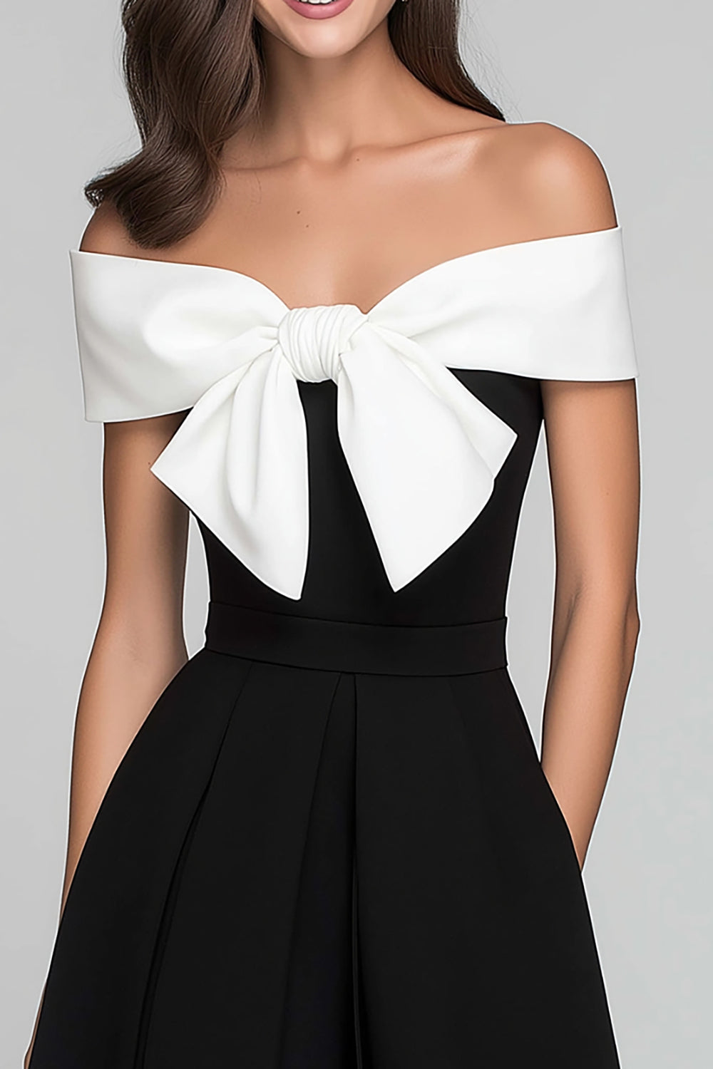 Black and White A Line Off the Shoulder Maxi Formal Dress with Bow