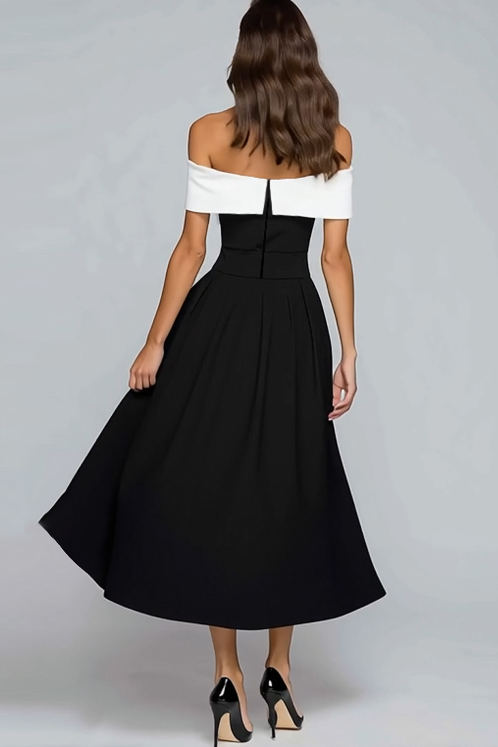 Black and White A Line Off the Shoulder Tea Length Formal Dress with Bow