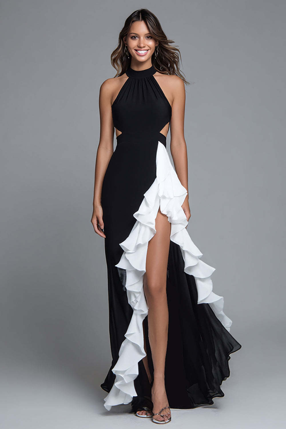 Leely Women Black and White Chiffon Long Formal Dress with Slit Halter Mermaid Cut Out Evening Dress with Ruffles