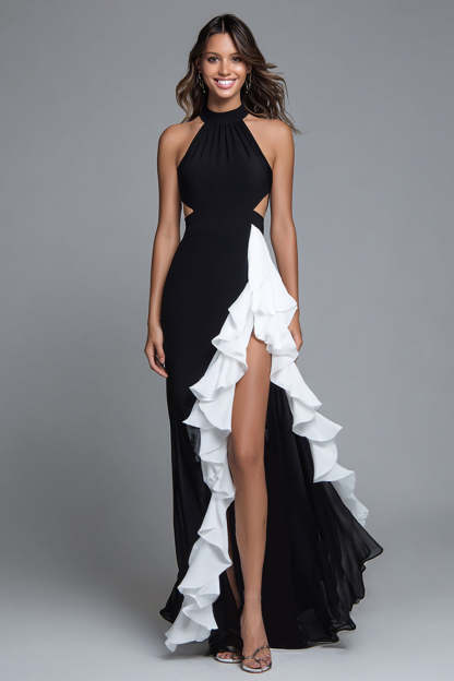 Leely Women Black and White Chiffon Long Formal Dress with Slit Halter Mermaid Cut Out Evening Dress with Ruffles