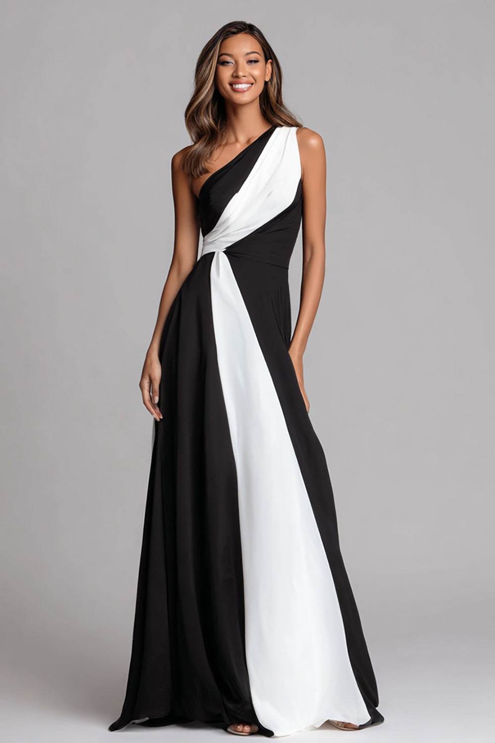 Black and White Sheath One Shoulder Ruched Long Formal Dress