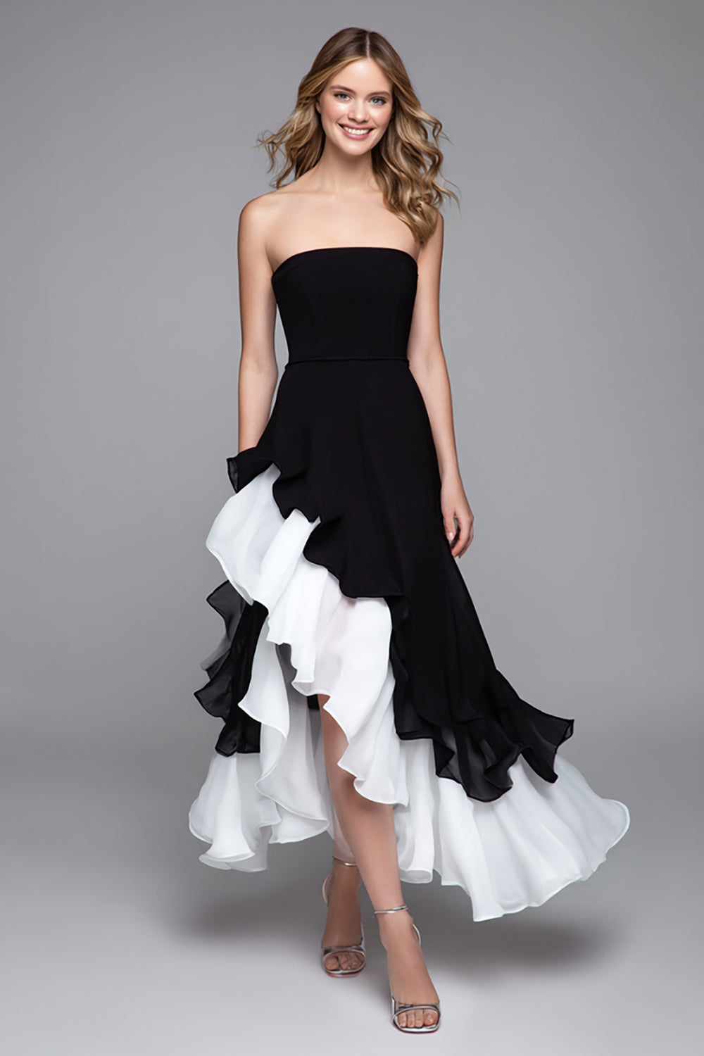 Black and White Strapless A Line Ruffled Maxi Formal Dress with Slit