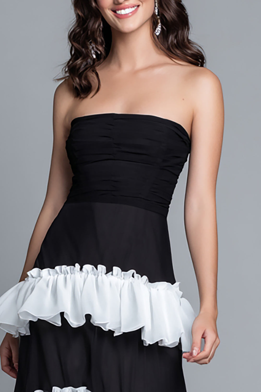 Black and White Sheath Ruffled Strapless Maxi Formal Dress with Slit