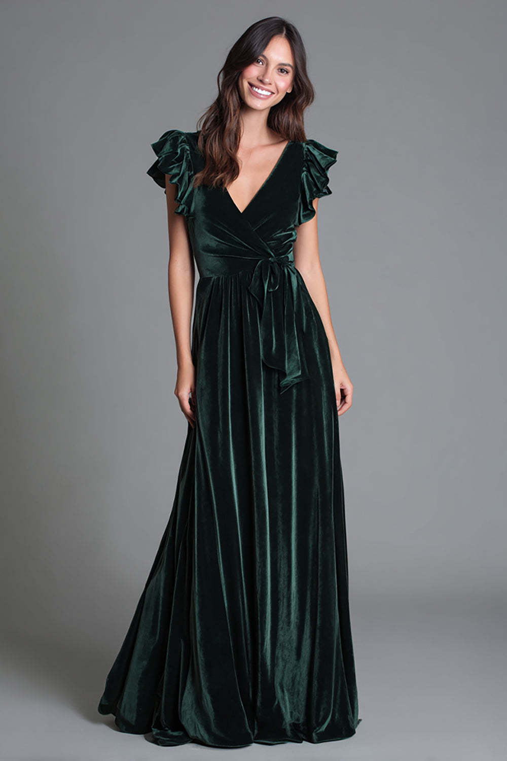 Leely Women Dark Green Velvet Long Holiday Party Dress with Ruffles A Line V-Neck Formal Dress