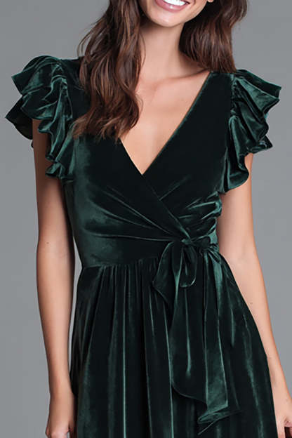 Dark Green Velvet V-Neck A Line Long Holiday Party Dress with Ruffles