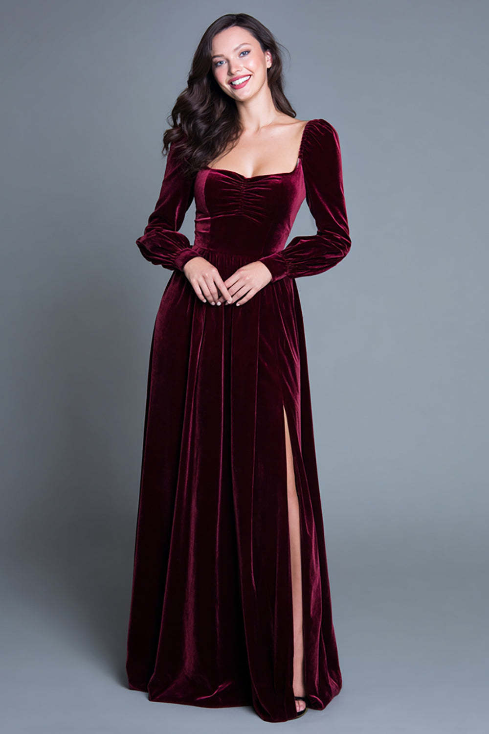 Leely Women Burgundy A Line Velvet Maxi Holiday Party Dress with Slit Long Sleeves Square Neck Formal Dress