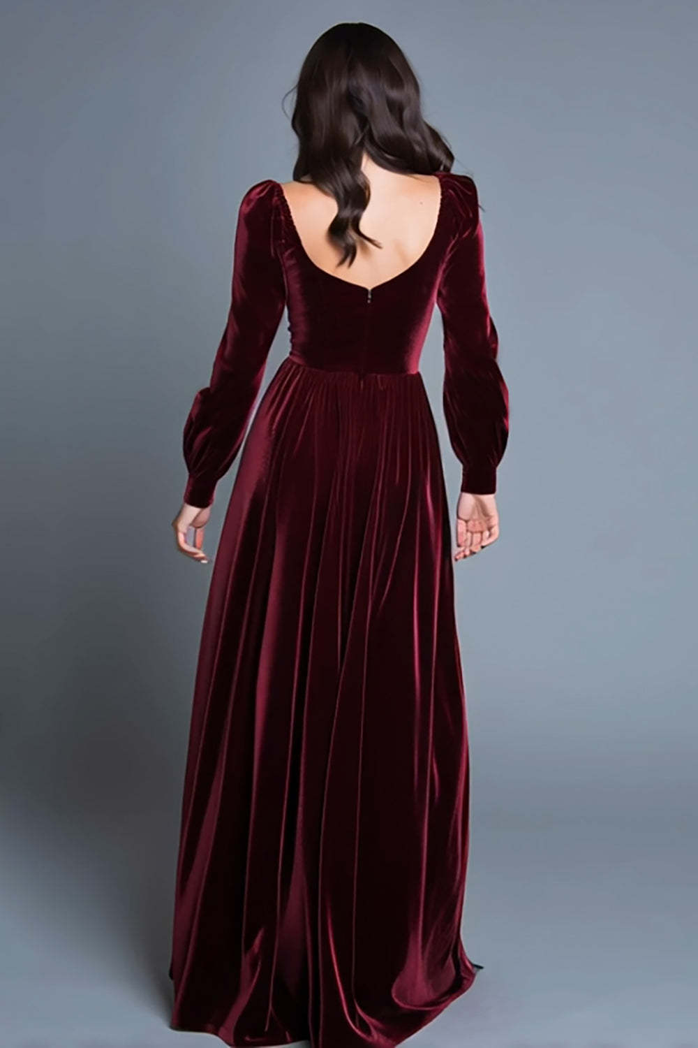 Burgundy Velvet A Line Maxi Holiday Party Dress with Slit