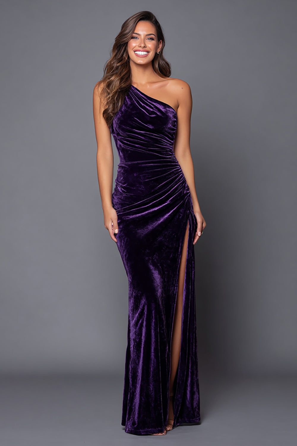 Leely Women Plum Velvet Long Holiday Party Dress with Slit Mermaid One Shoulder Formal Dress