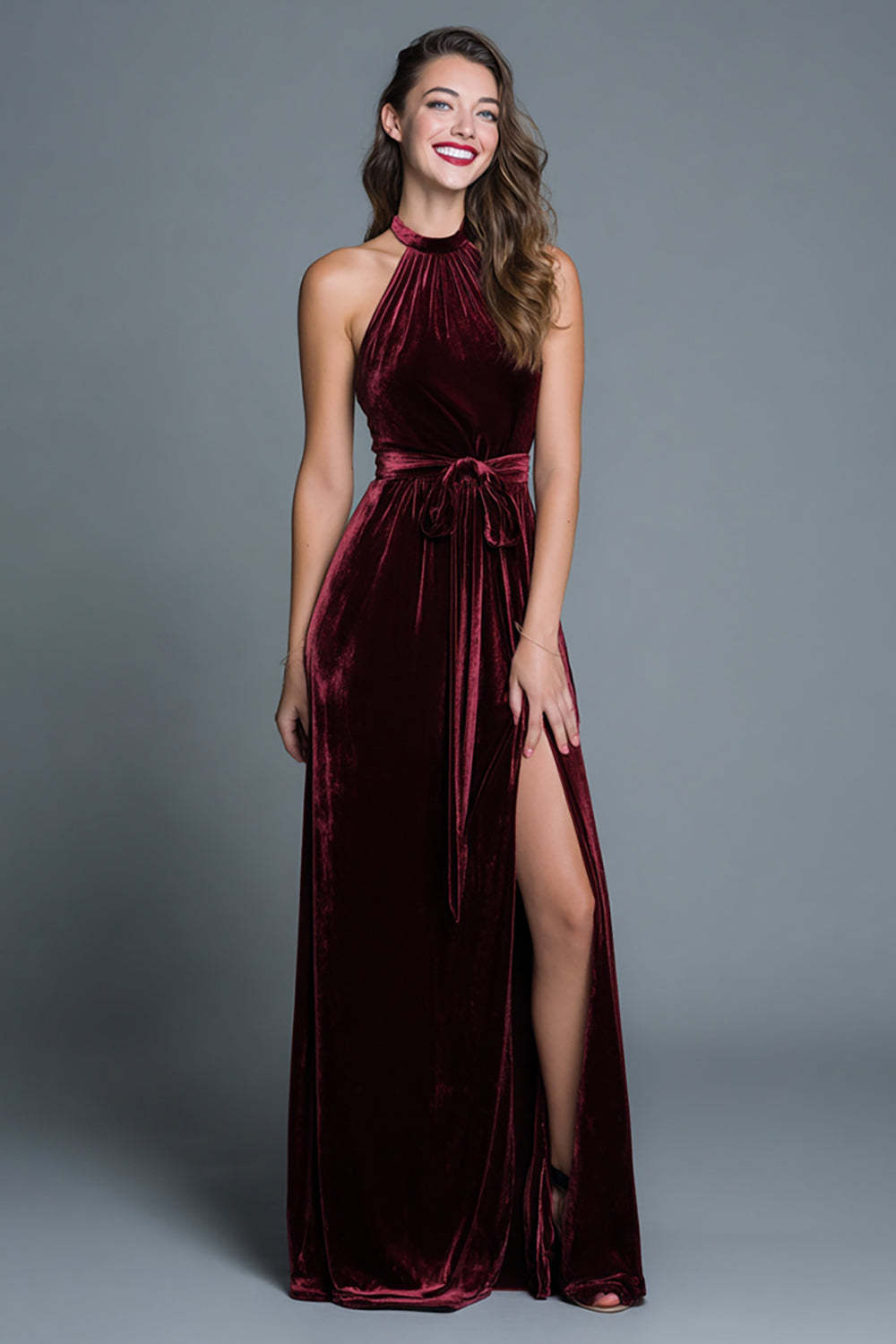 Leely Women Burgundy Velvet Maxi Holiday Party Dress with Slit Halter A Line Formal Dress