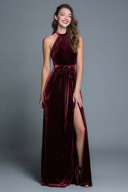 Leely Women Burgundy Velvet Maxi Holiday Party Dress with Slit Halter A Line Formal Dress