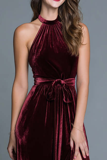 Burgundy A Line Velvet Halter Maxi Holiday Party Dress with Slit
