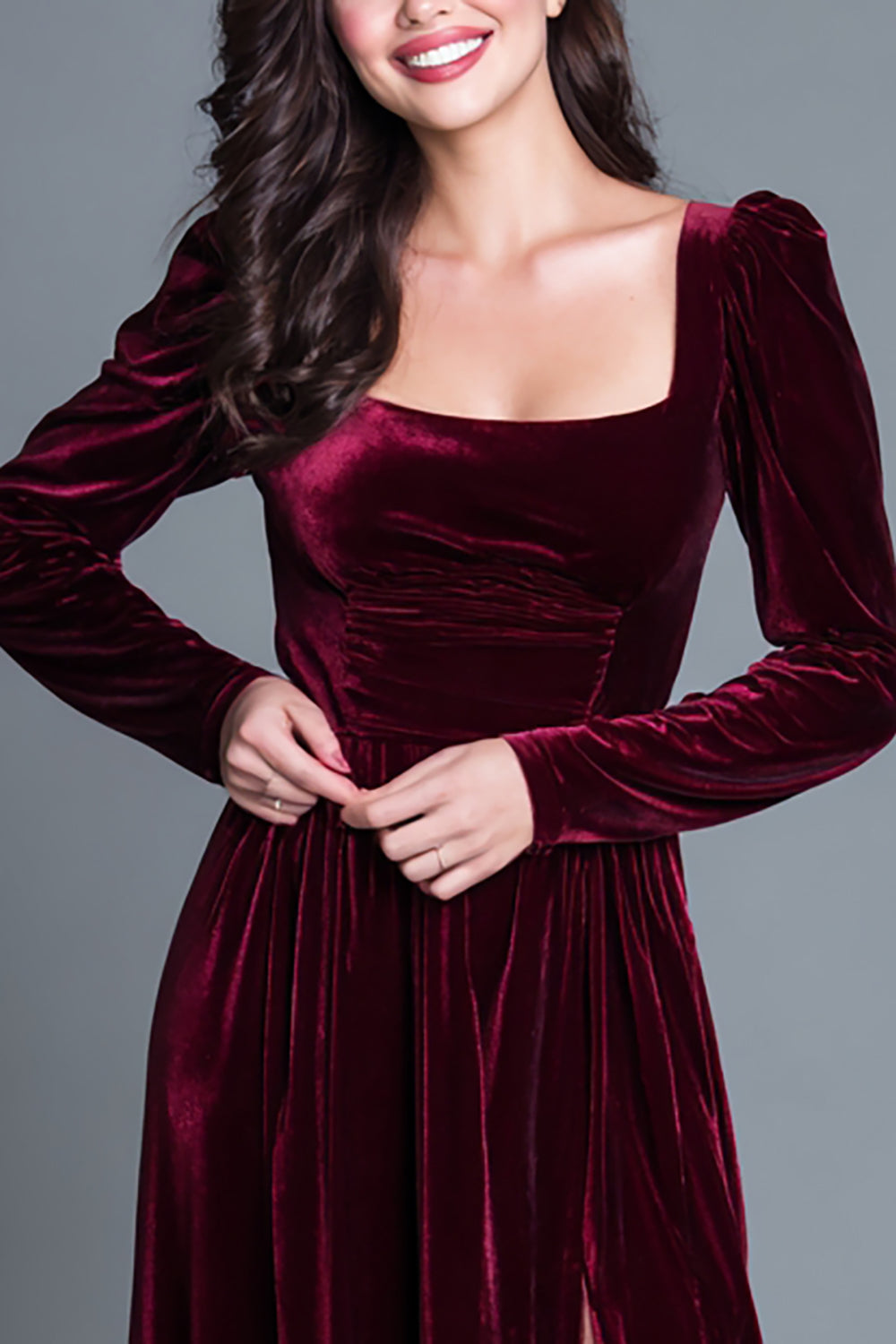 Burgundy A Line Velvet Long Holiday Party Dress with Slit