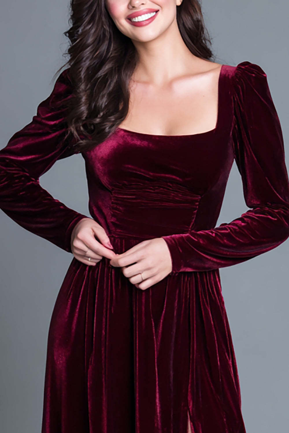 Burgundy A Line Velvet Long Holiday Party Dress with Slit