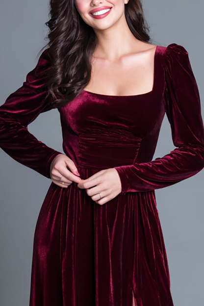 Burgundy A Line Velvet Long Holiday Party Dress with Slit