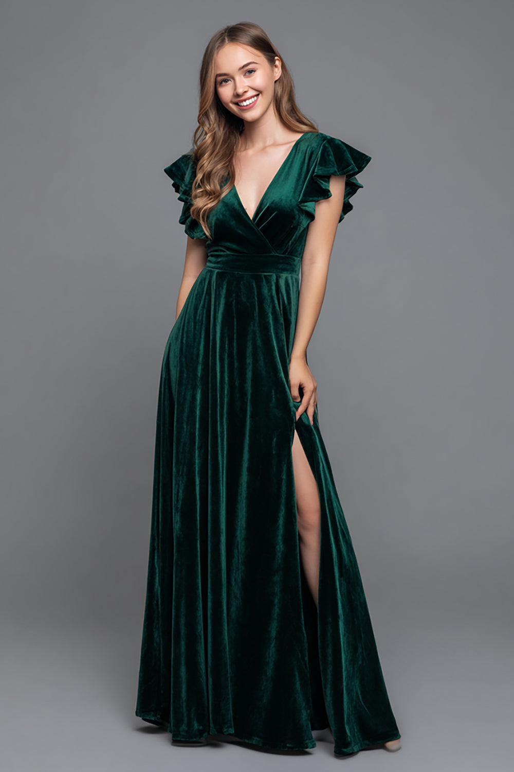 Dark Green V-Neck Velvet A Line Long Holiday Party Dress with Slit