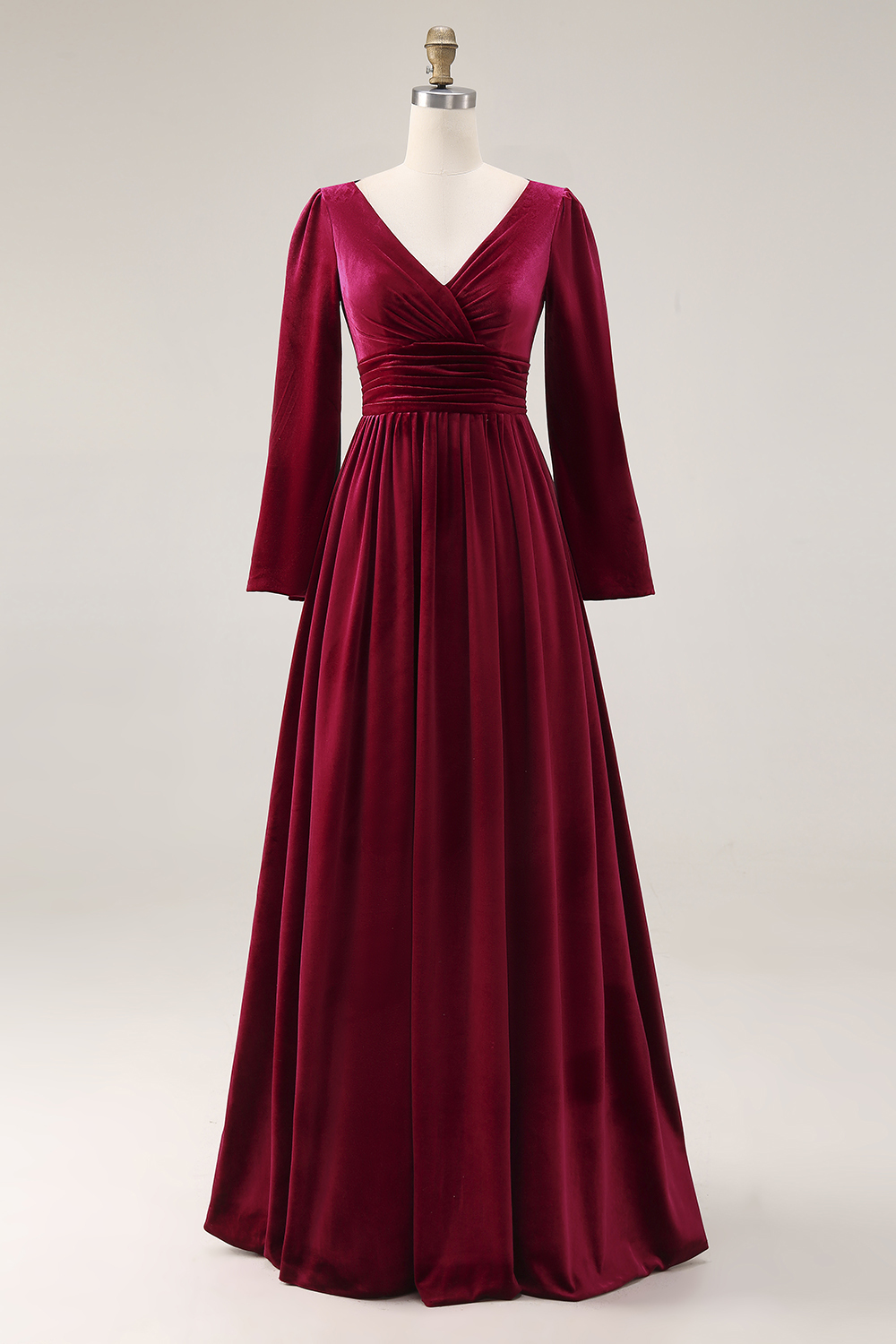Burgundy A Line Velvet V-Neck Long Holiday Party Dress with Sleeves