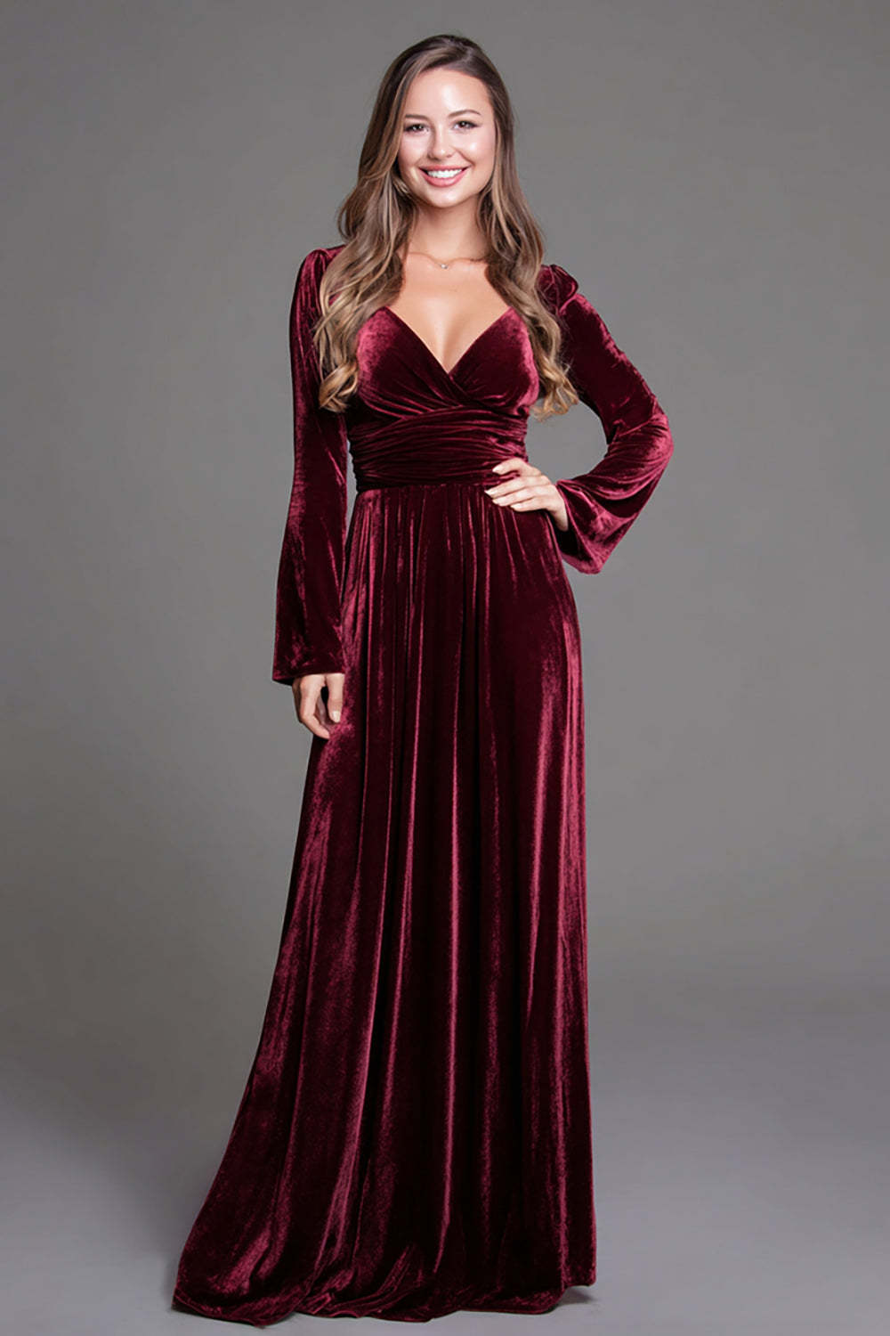 Burgundy A Line Velvet V-Neck Long Holiday Party Dress with Sleeves