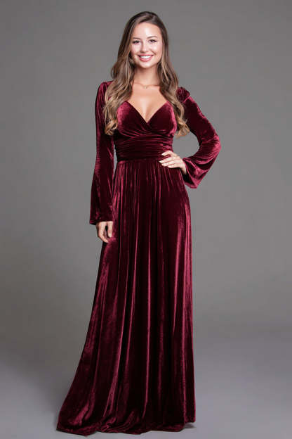 Burgundy A Line Velvet V-Neck Long Holiday Party Dress with Sleeves