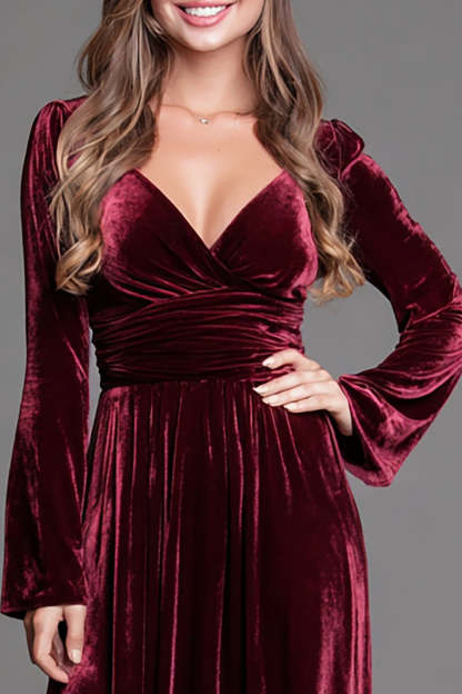 Burgundy A Line Velvet V-Neck Long Holiday Party Dress with Sleeves