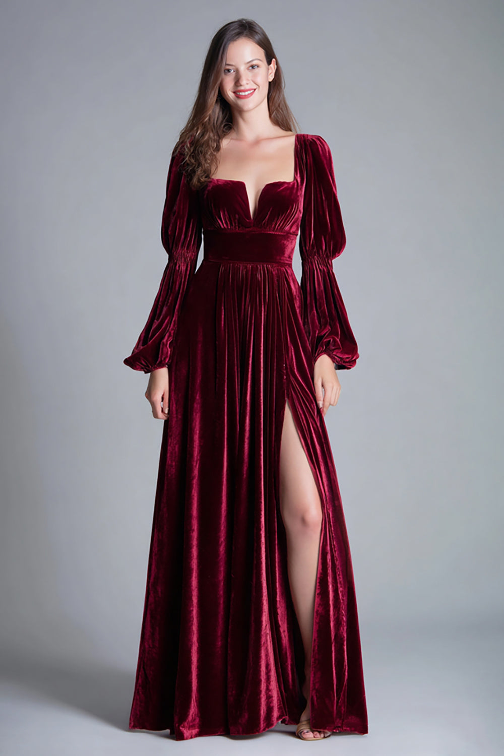Leely Women Burgundy Velvet Maxi Holiday Party Dress A Line Puff Sleeves Formal Dress with Slit