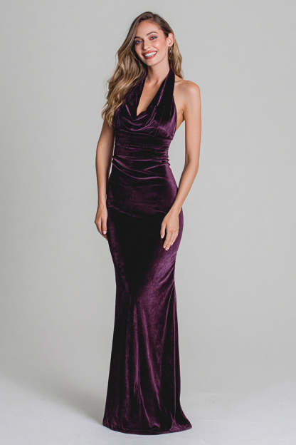 Leely Women Plum Velvet Ruched Long Holiday Party Dress Mermaid Halter Formal Dress