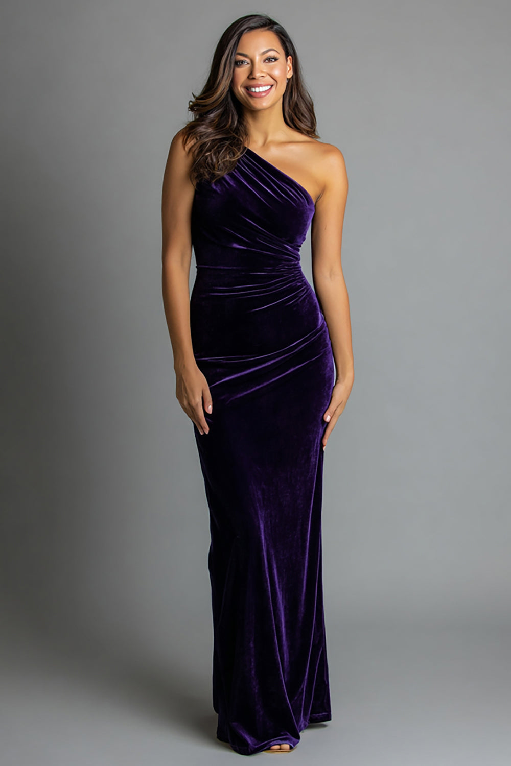 Leely Women Plum Ruched Velvet Long Holiday Party Dress Mermaid One Shoulder Formal Dress
