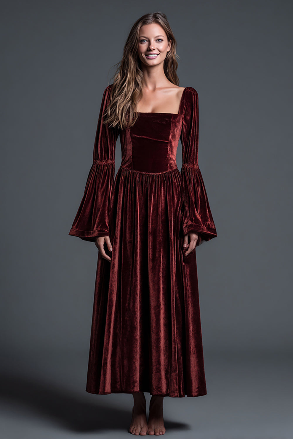 Leely Women Burgundy Velvet Long Sleeves Ankle Length Holiday Party Dress Square Neck A Line Formal Dress