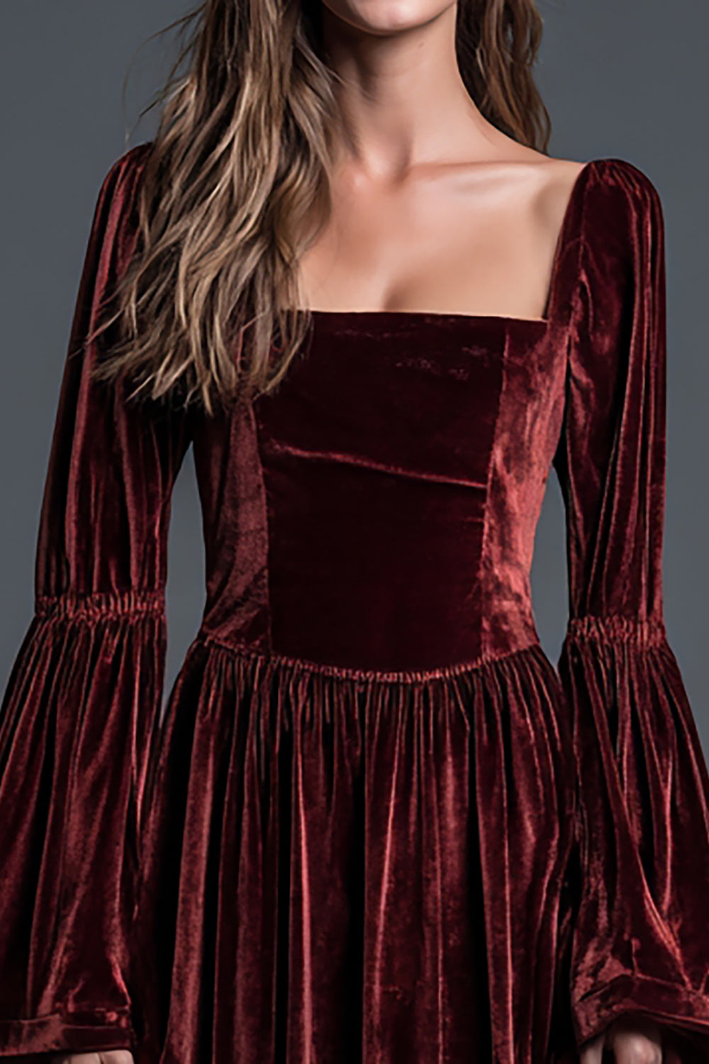 Burgundy A Line Velvet Long Sleeves Ankle Length Holiday Party Dress